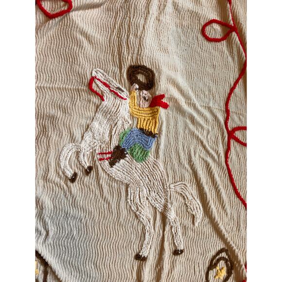 Vintage Chenille Western Cowboy Themed Bedspread Twin/Full Size Rodeo Some Flaws - Picture 6 of 12